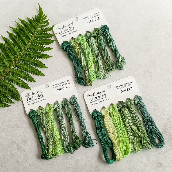 Hand Dyed Perle 8 threads x 6 : Greens