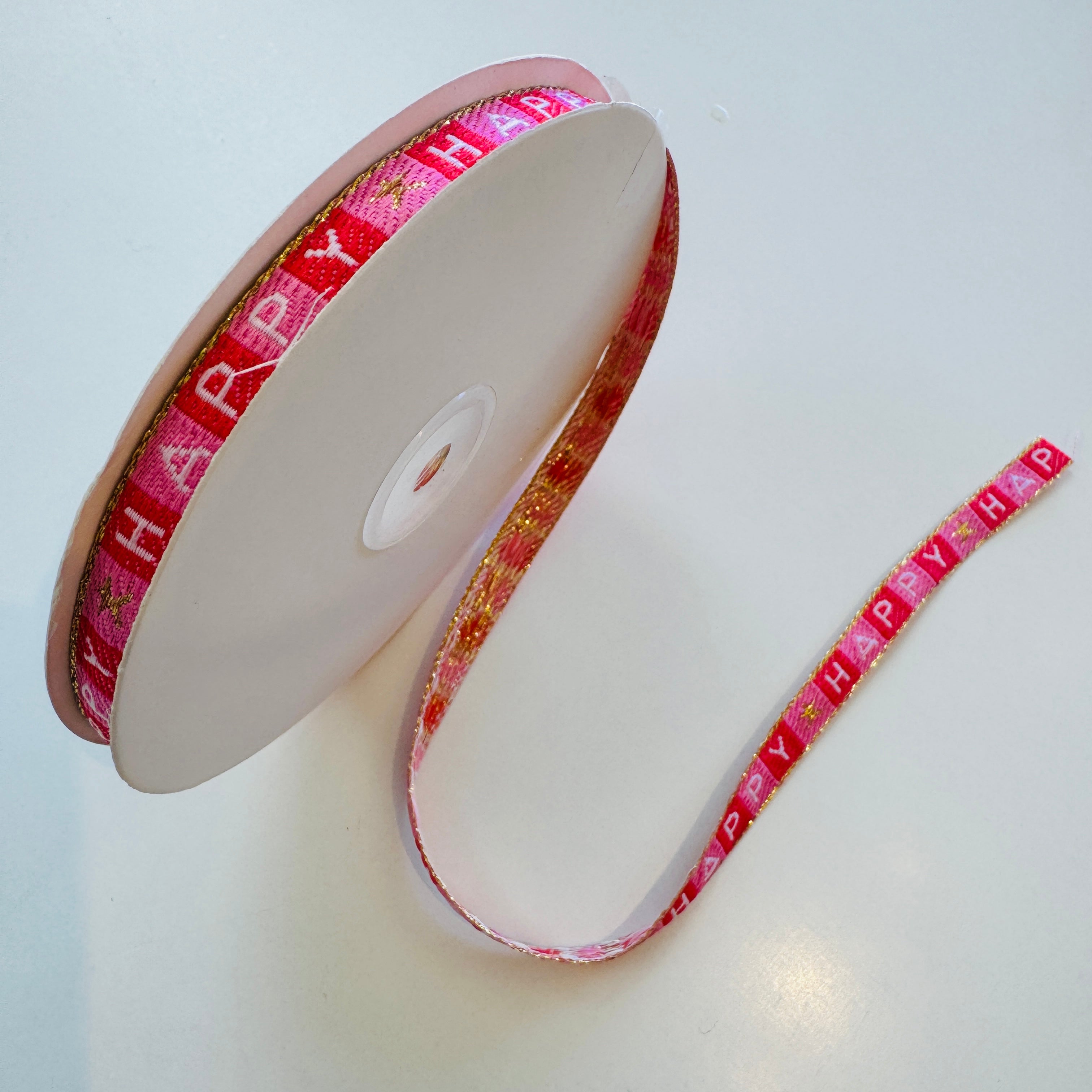 Happy Ribbon Pink Red & Gold 10mm - per metre