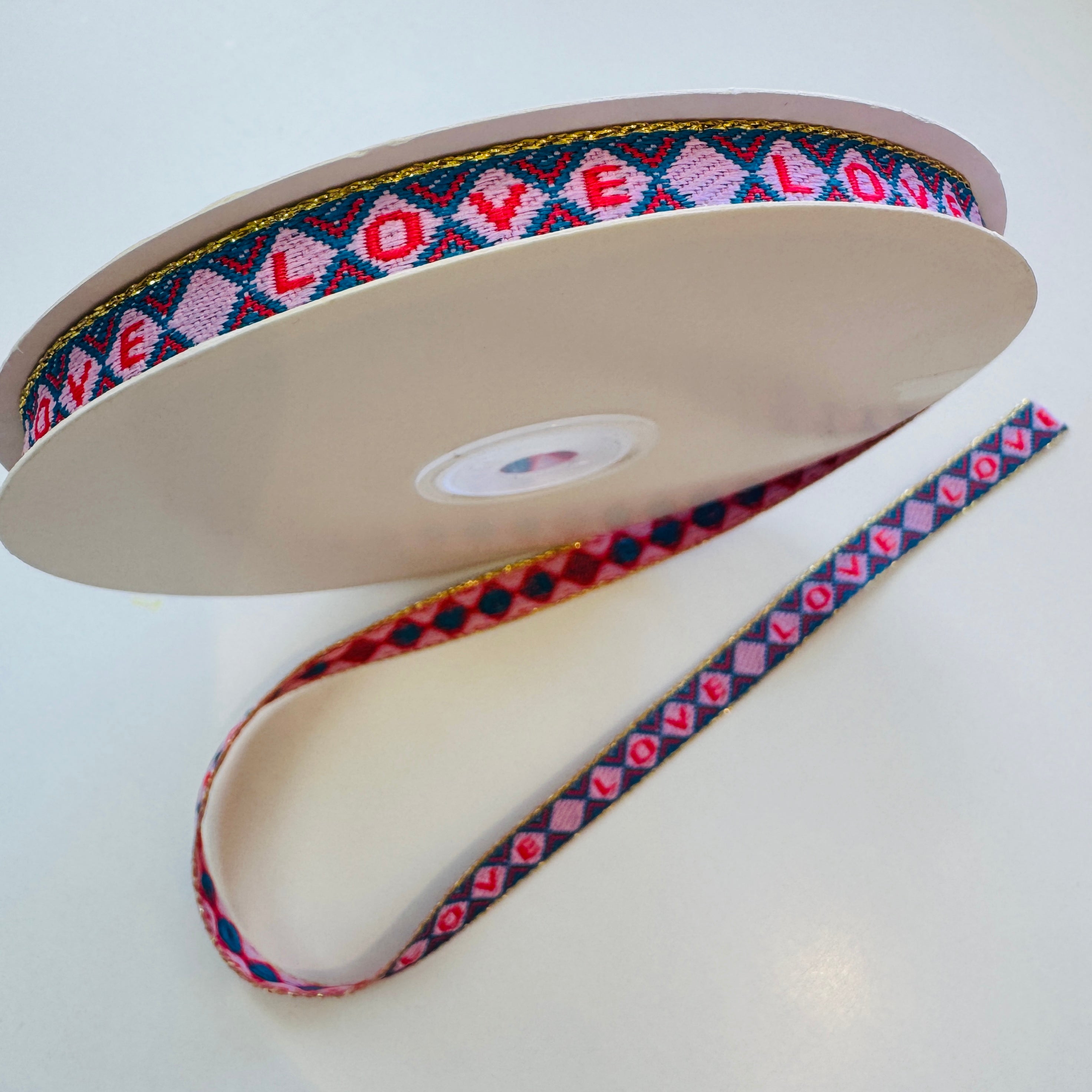 Love Ribbon Blue Pink & Gold 10mm - per metre
