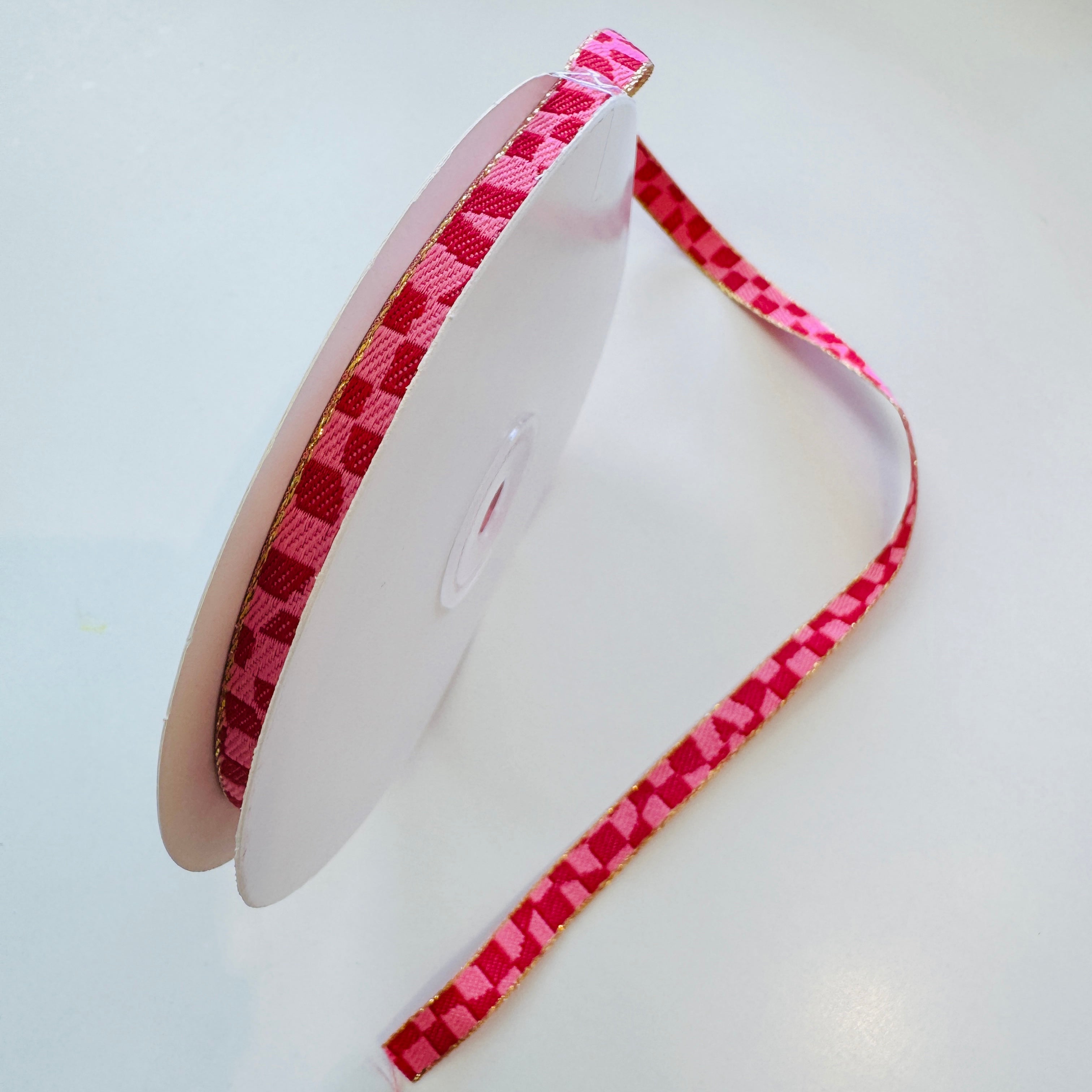 Chequered Pink Red & Gold 10mm - per metre