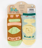 Two pairs of children's socks with 'Blue Q' branding on a white background