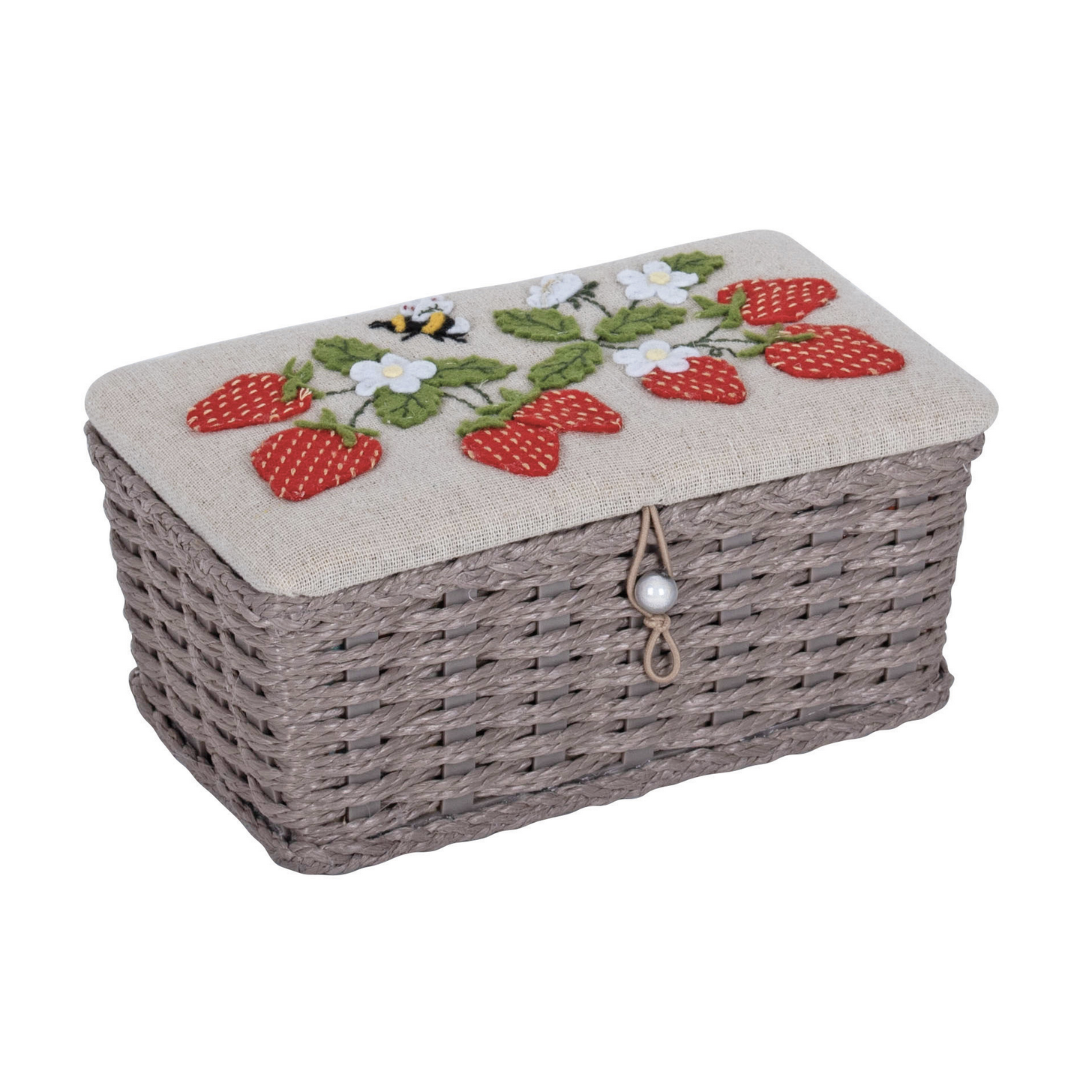 Small Sewing Box : Wicker Basket with Appliqué Strawberries & Bee