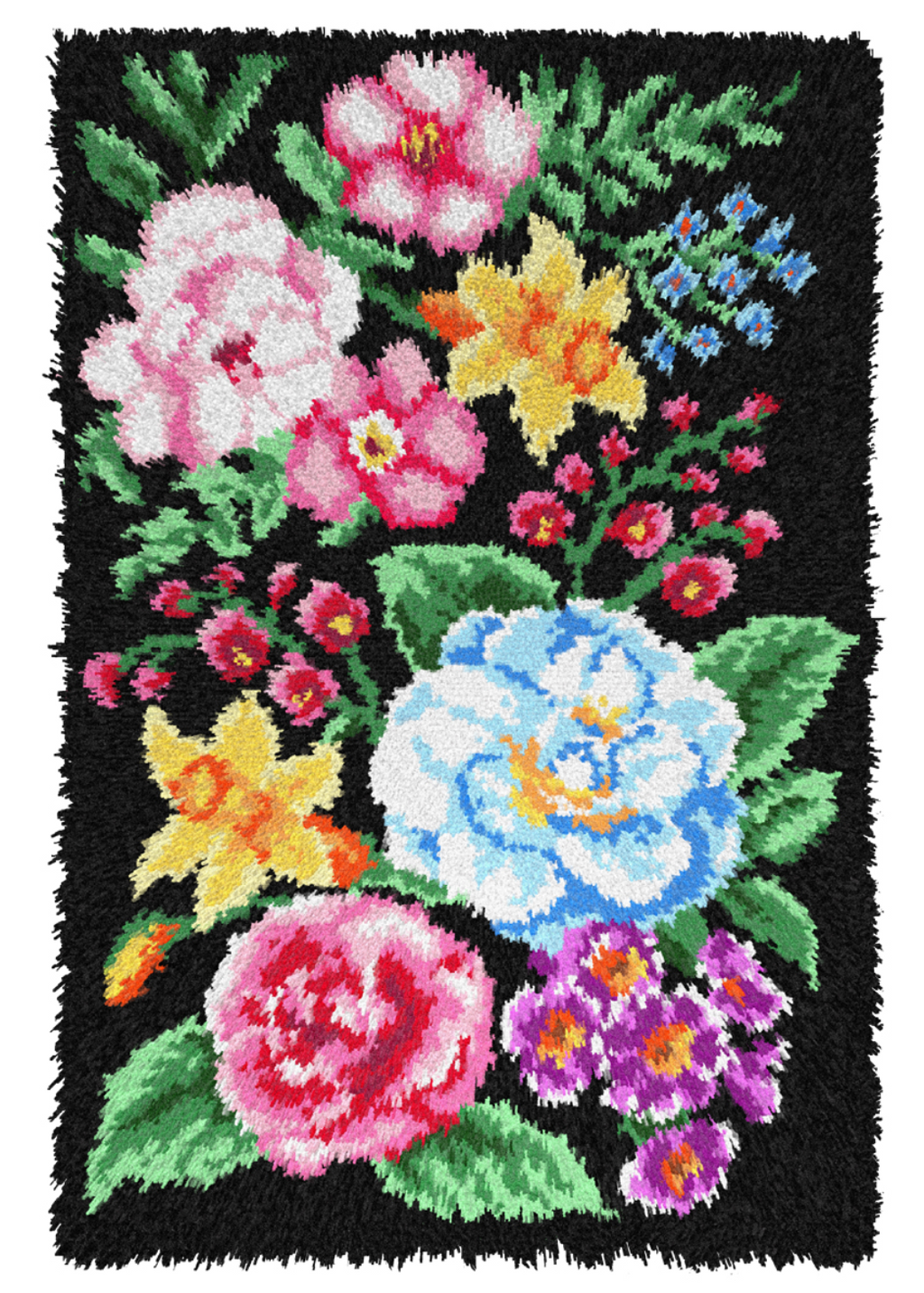 Latch Hook Kit: Rug: Flowers on Black Background