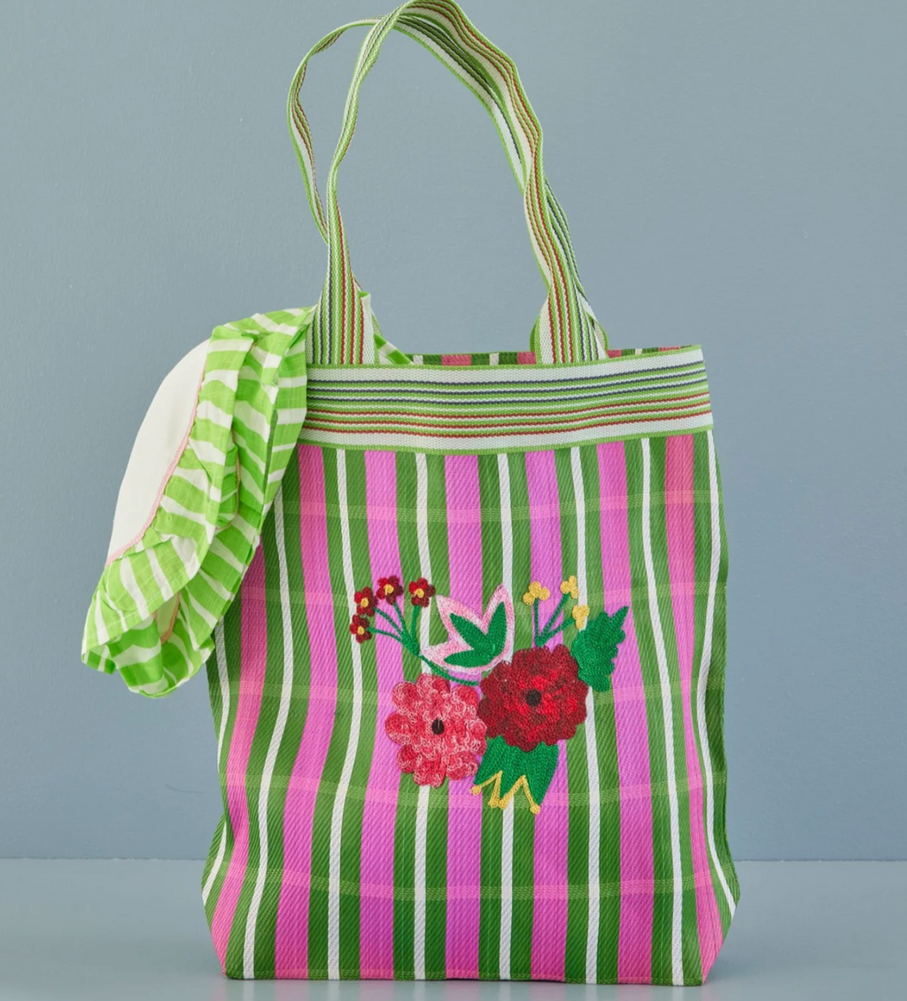 Striped Recycled Embroidered Shopping Bag
