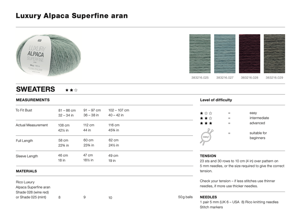 Rico Womens Jumper Pattern 1304 : Luxury Alpaca Superfine Aran