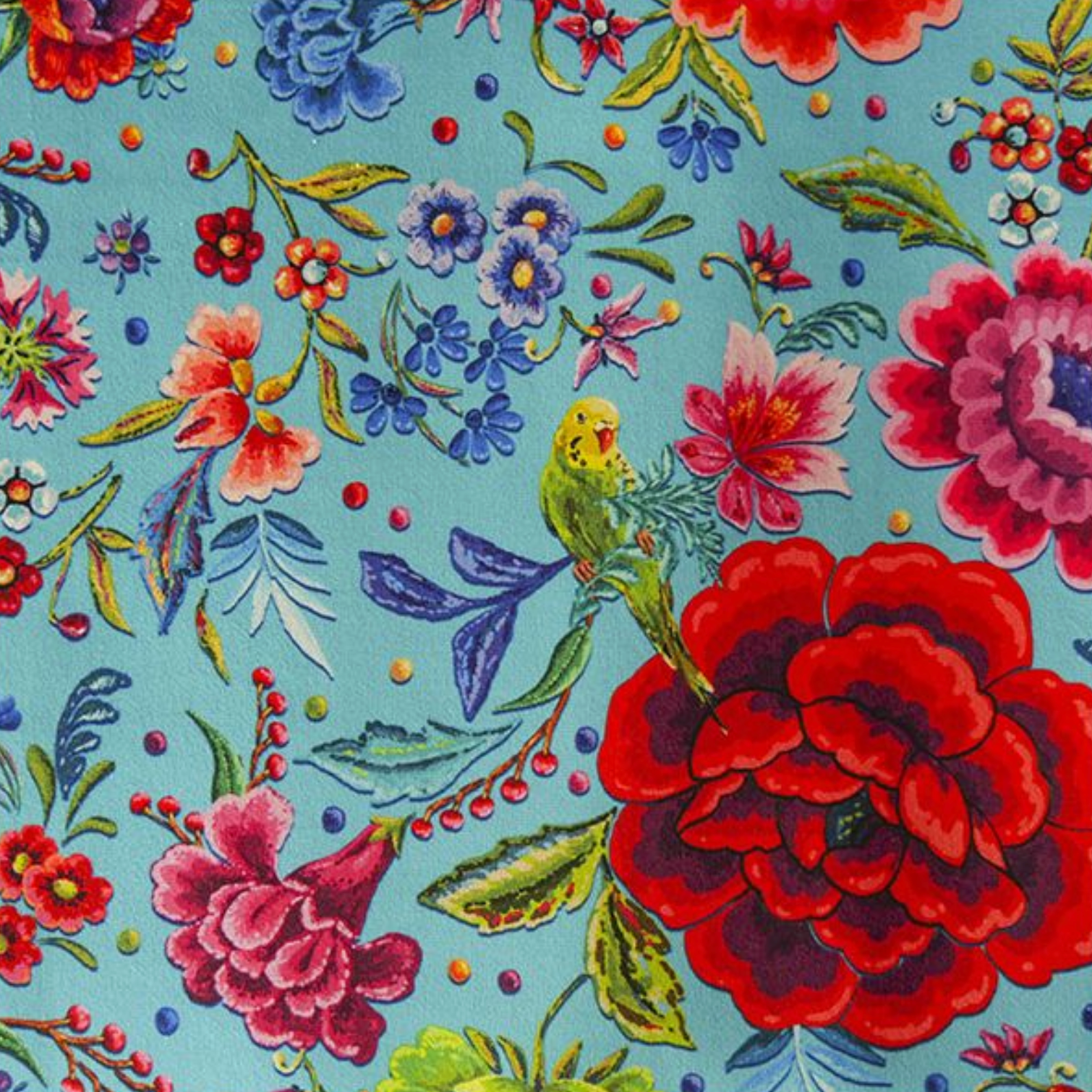 Half Metre : Odile Bailloeul VELVET Peonies & Parakeets Azur Blue