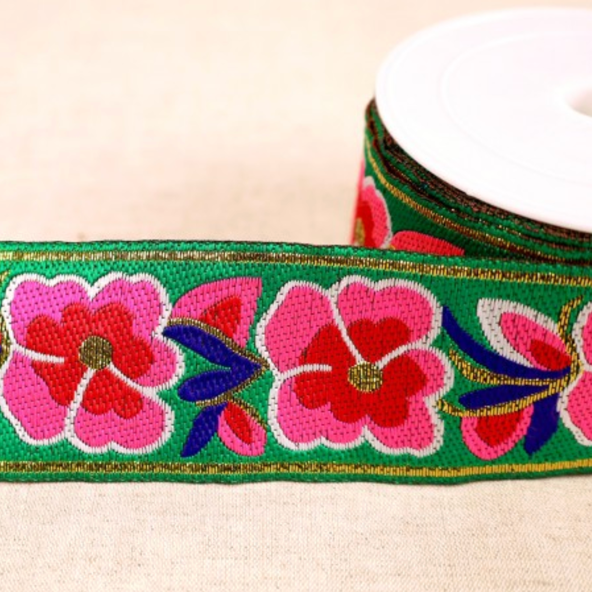 Jacquard Trim Peonies : Dark Green