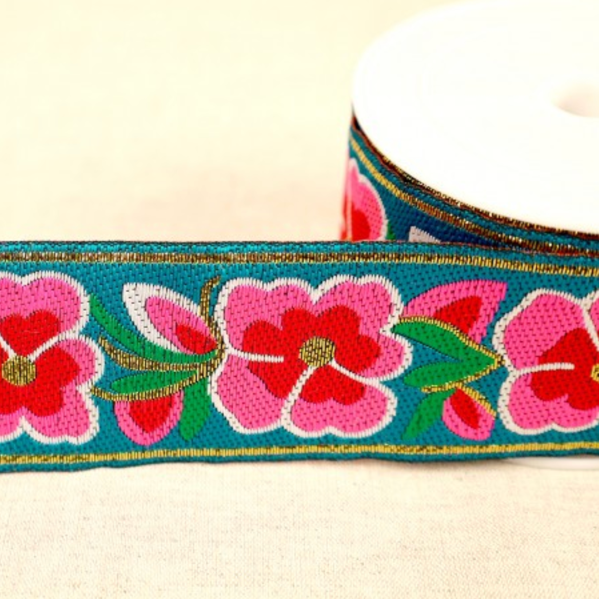 Jacquard Trim Peonies : Turquoise