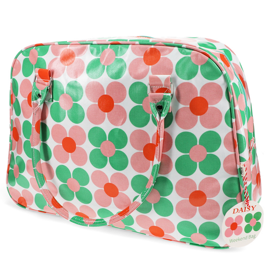 Oilcloth Knitting Craft or Overnight Bag - Pink & Green Daisy