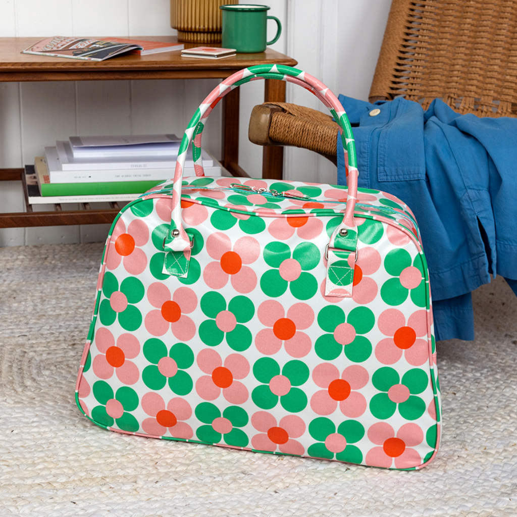 Oilcloth Knitting Craft or Overnight Bag - Pink & Green Daisy