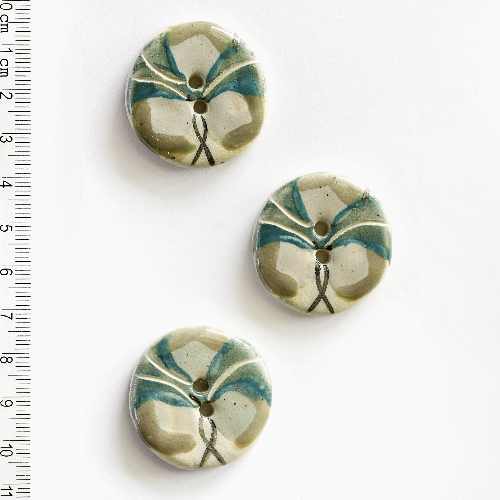Handmade Ceramic Button Set : 3 x Green Floral Sewing Buttons