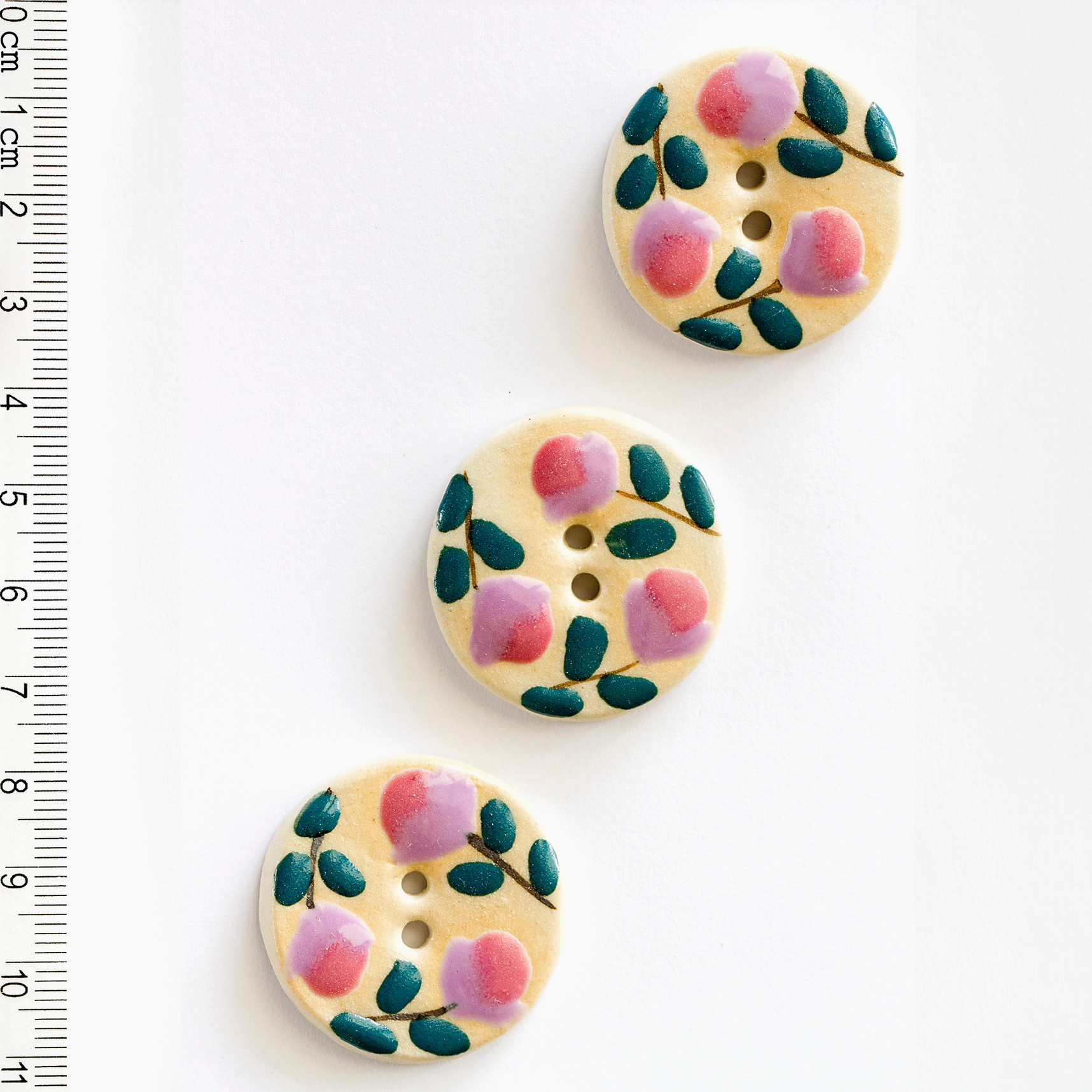 Handmade Ceramic Button Set : 3 x Pink Floral Sewing Buttons