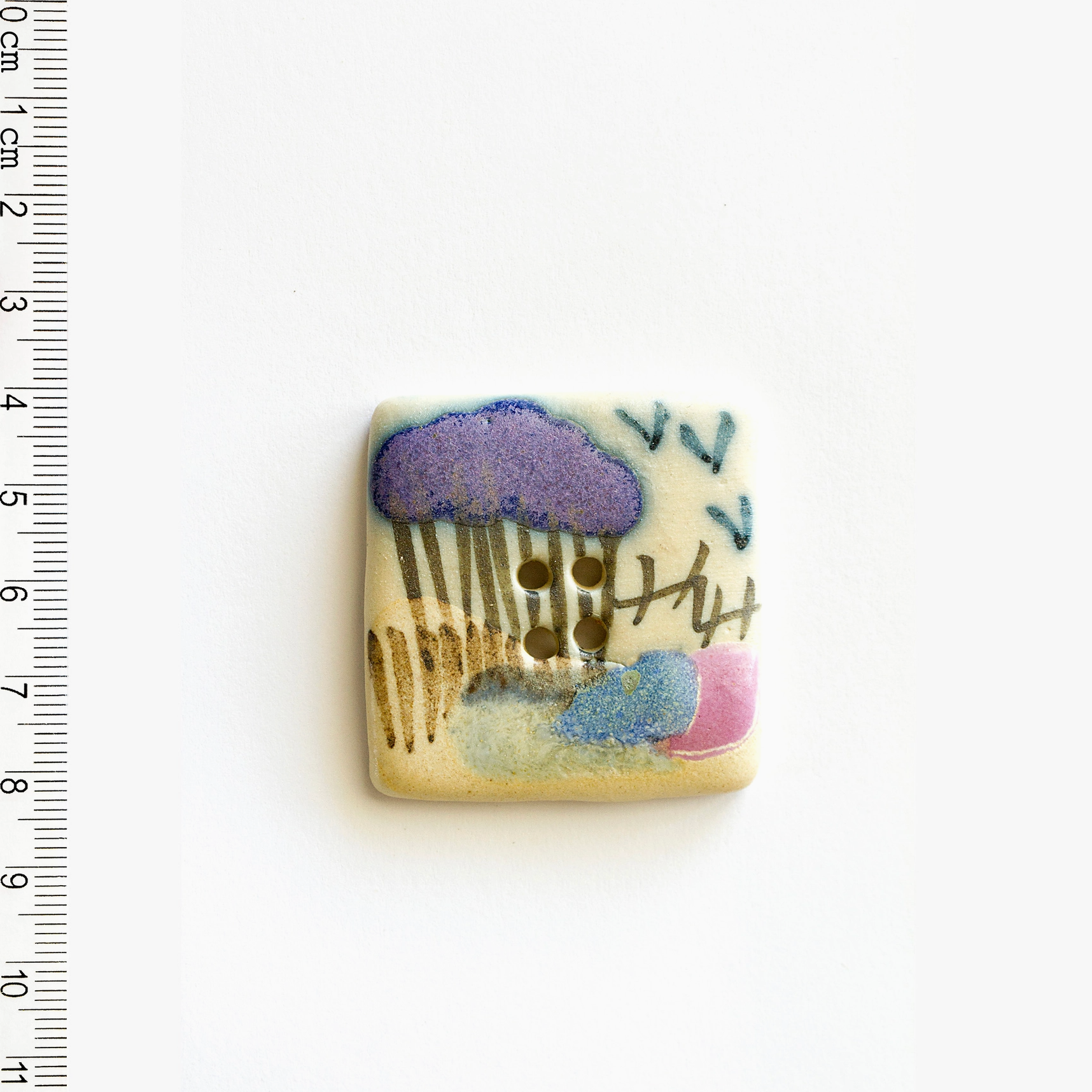 Handmade Ceramic Button : Country Scene Extra Large Square Sewing Button