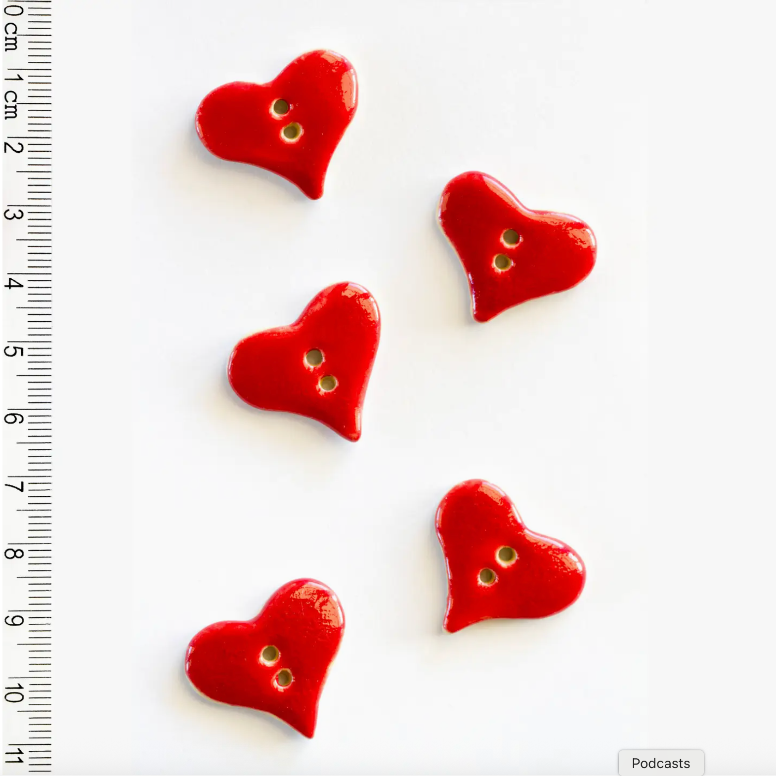 Handmade Ceramic Button Set : 5 Red Heart Sewing Buttons