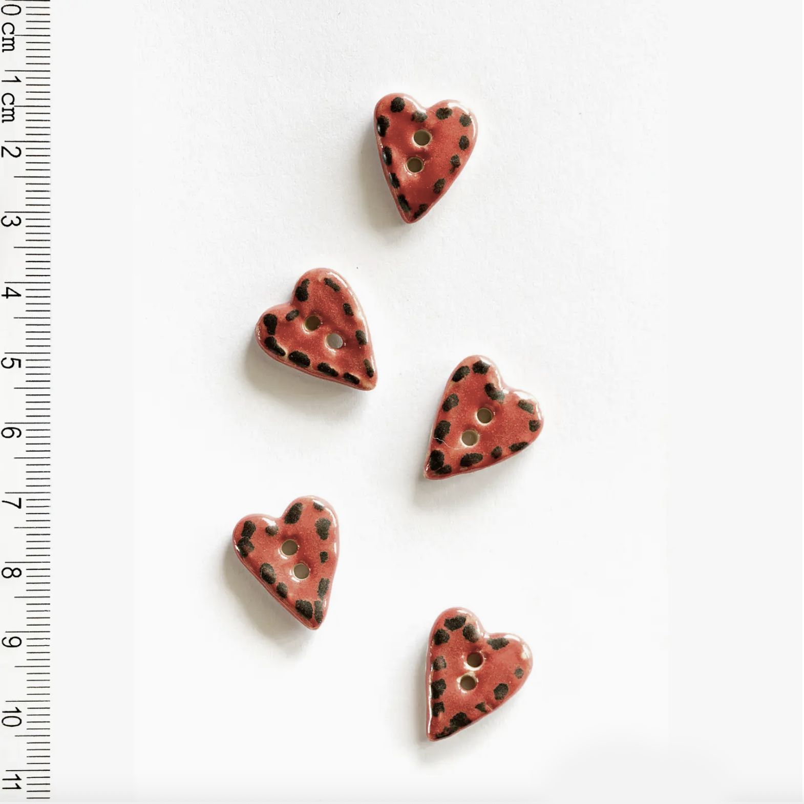 Handmade Ceramic Button Set : Red Heart Sewing Buttons with Black Stitching