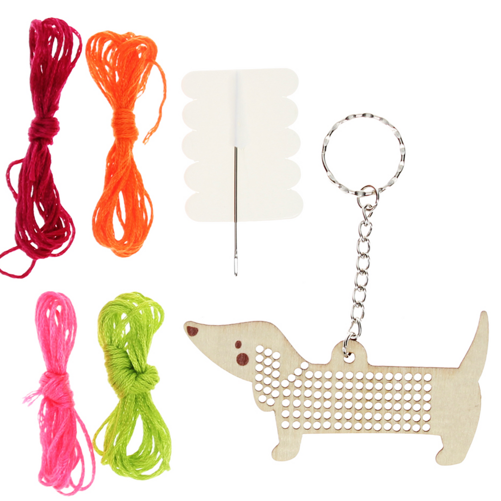 Stitch your own wooden keyring - Sausage Dog