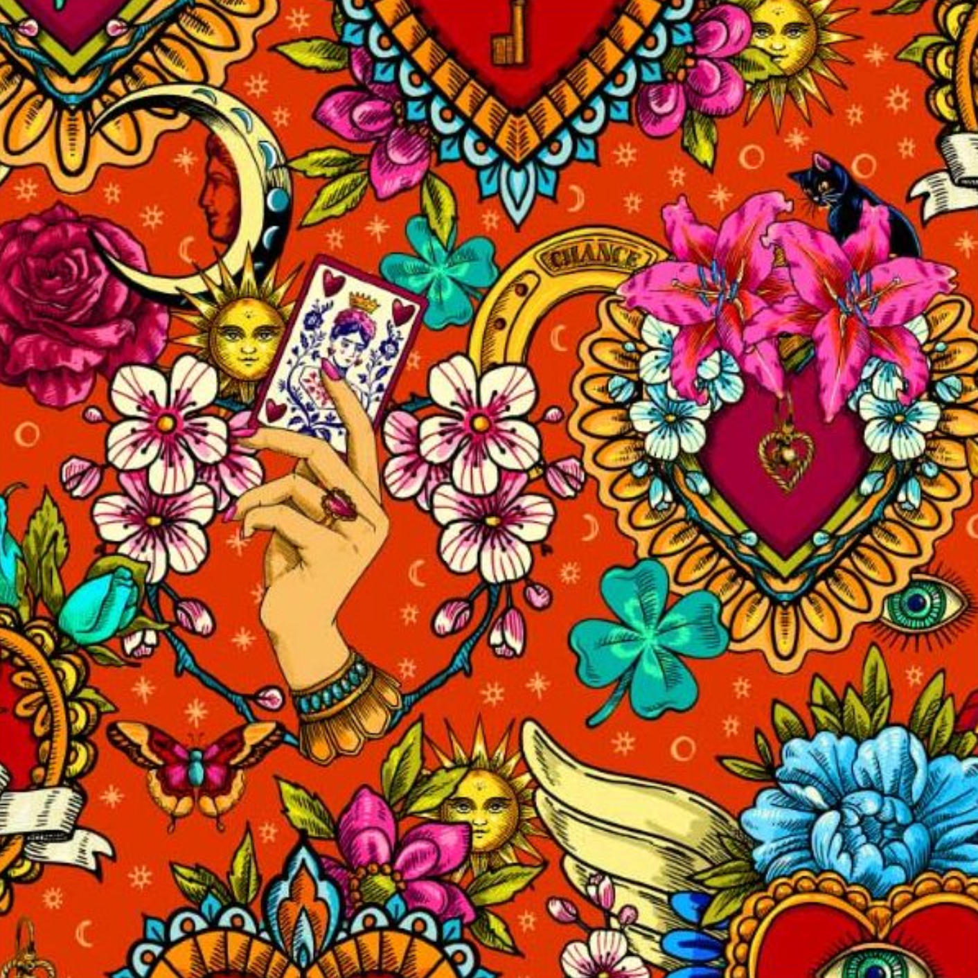 Cotton Fabric HALF METRE : Odile Bailloeul : Amulets Vermillion