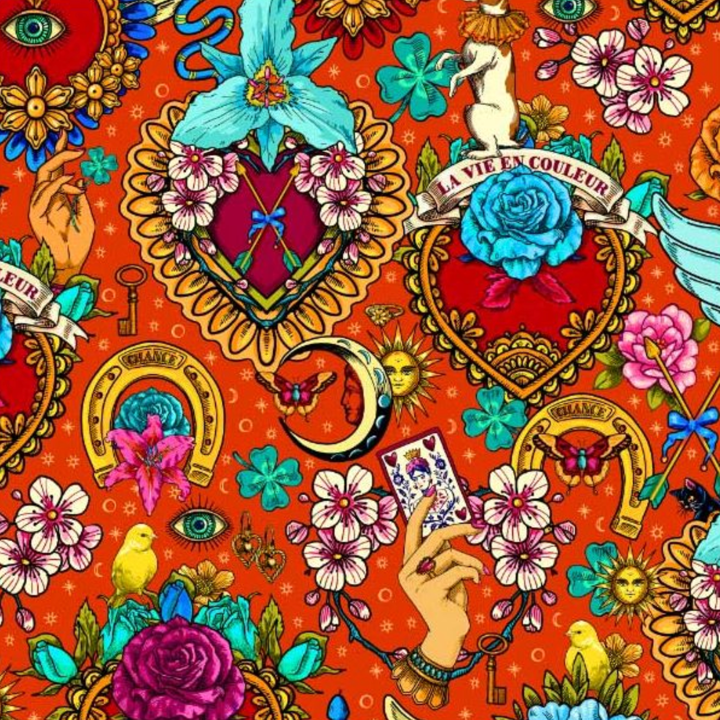 Cotton Fabric HALF METRE : Odile Bailloeul : Amulets Vermillion