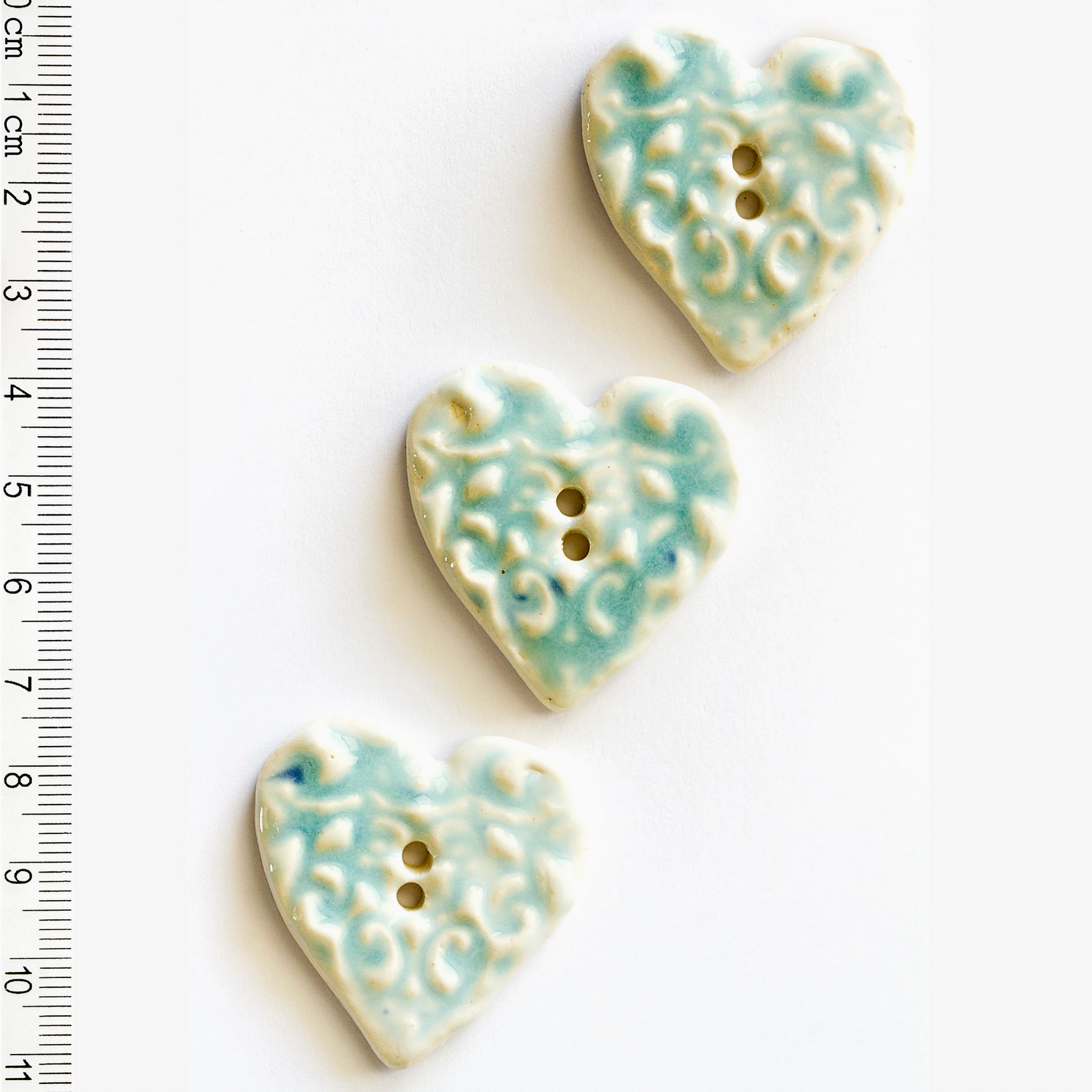 Handmade Ceramic Button Set : 3 x Blue Heart Sewing Buttons with Classic Pattern