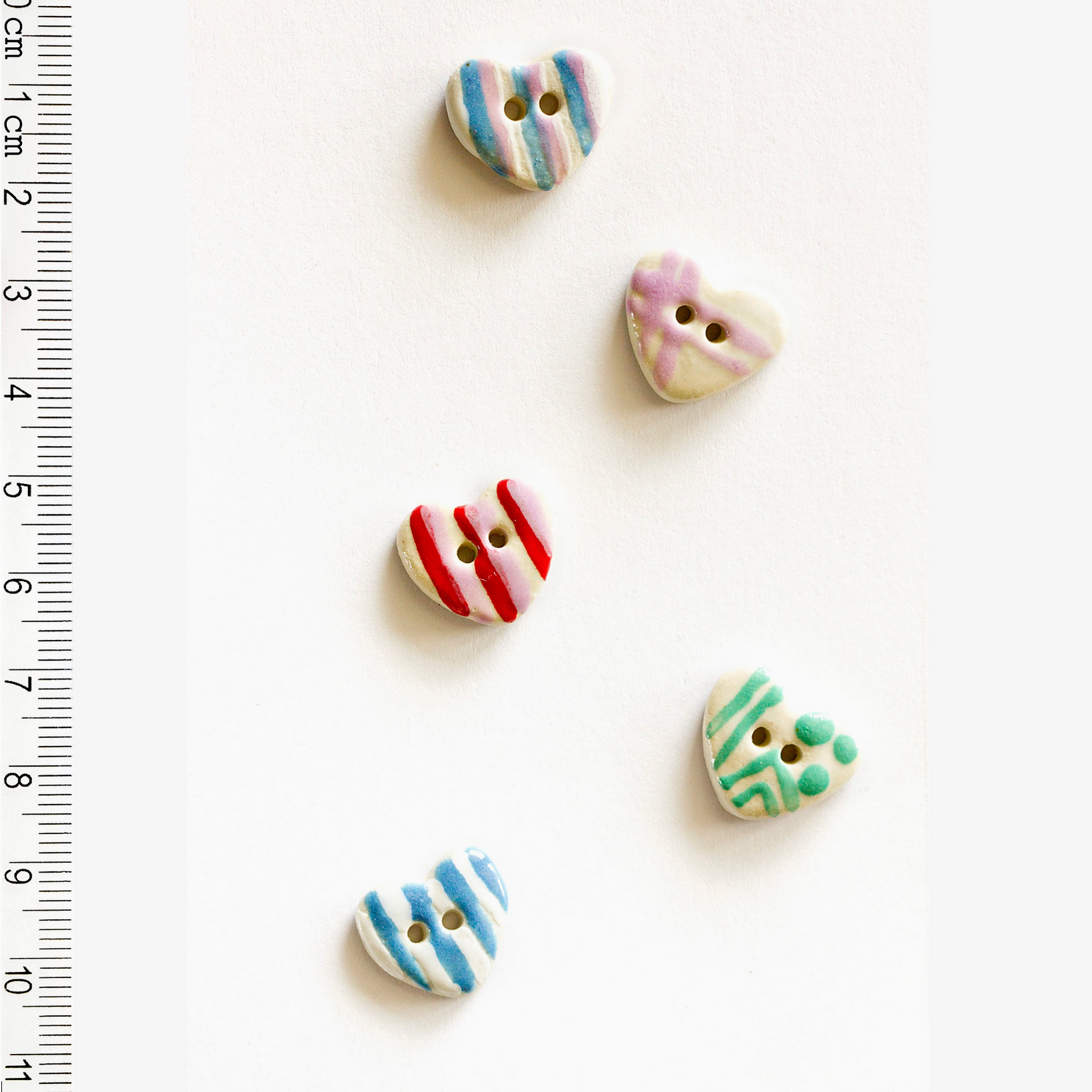 Handmade Ceramic Button Set : 5 x Fun Heart Patterned Sewing Buttons