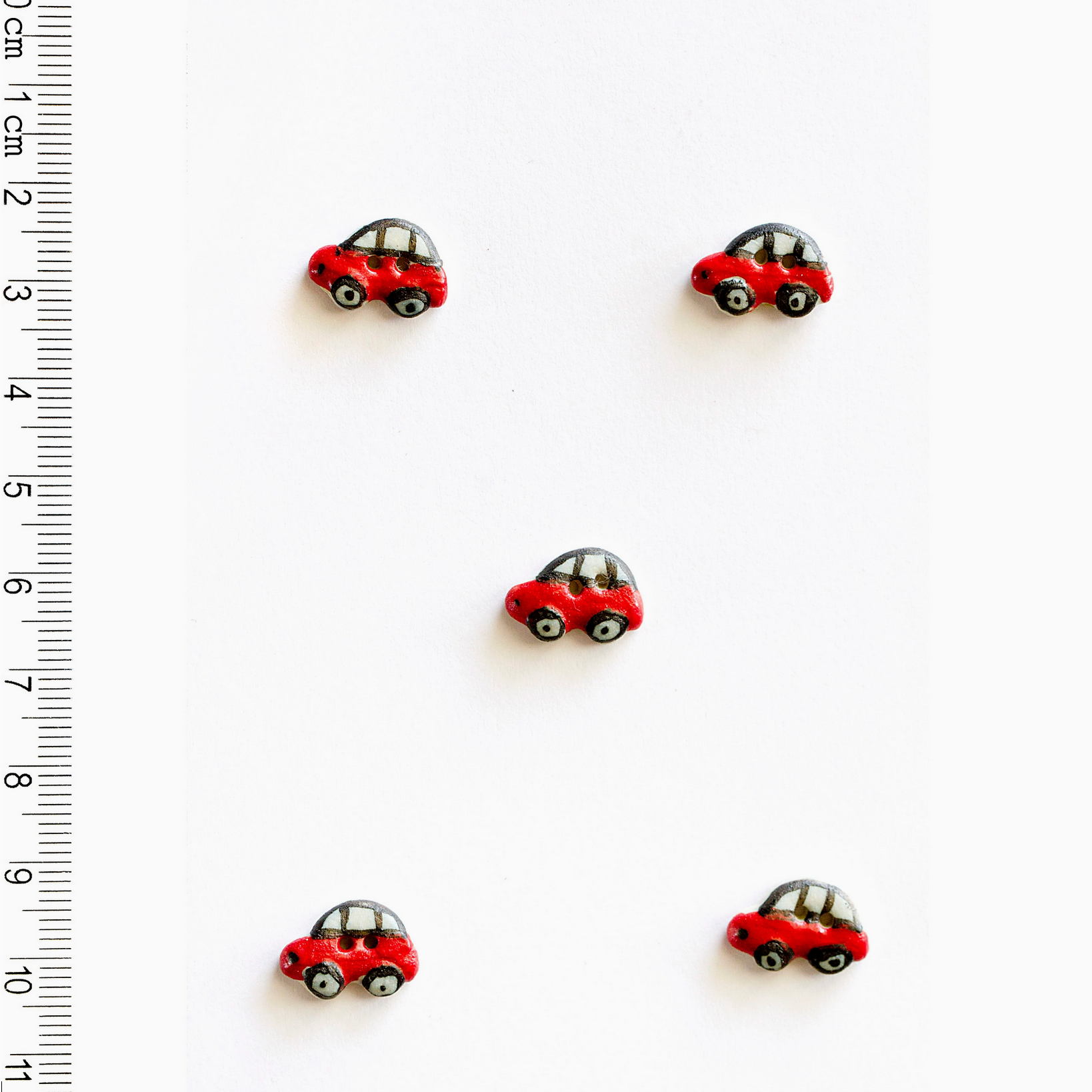 Handmade Ceramic Button Set : 5 x Cute Little Red Cars