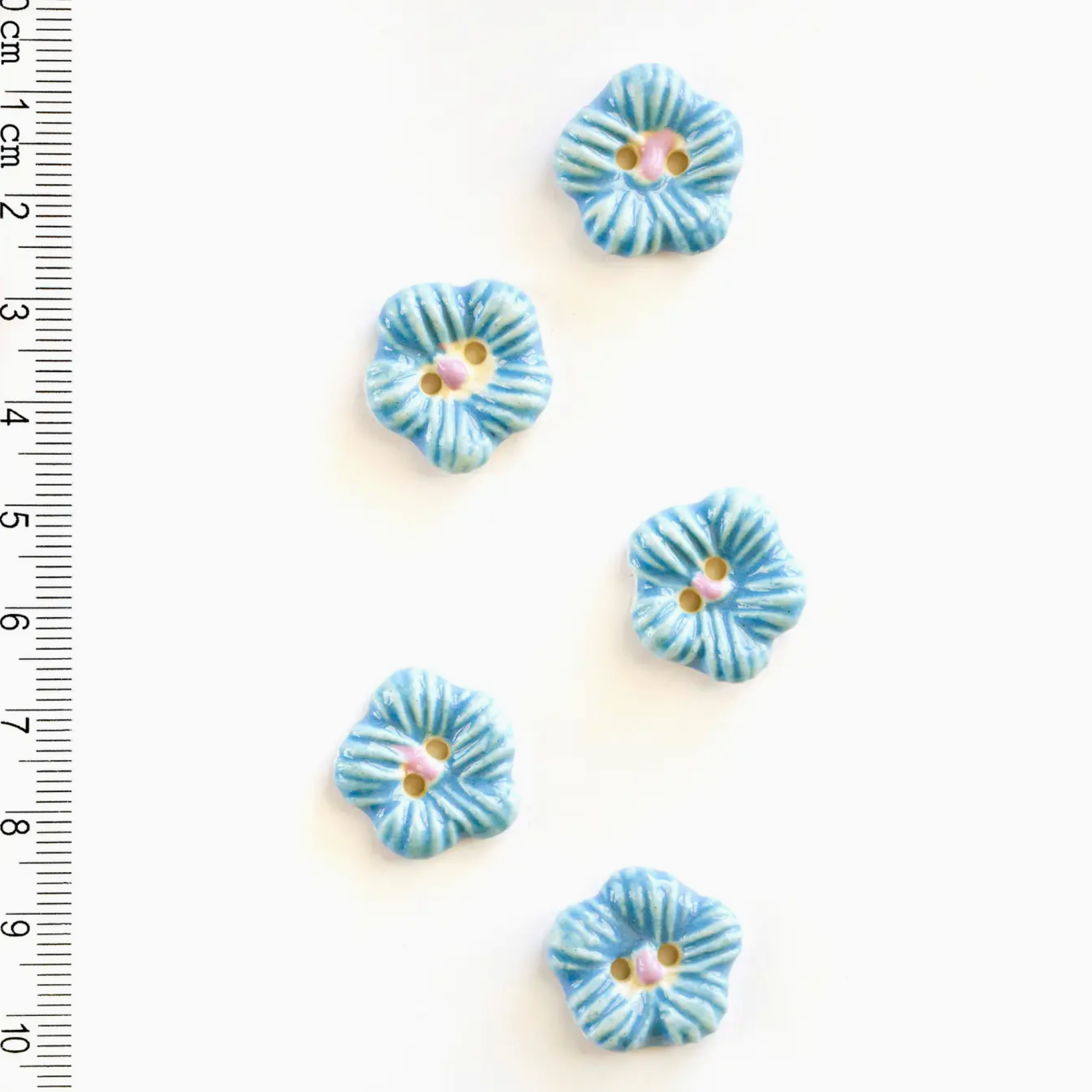 Handmade Ceramic Button Set : 5 x Pretty Blue Textured Flowers