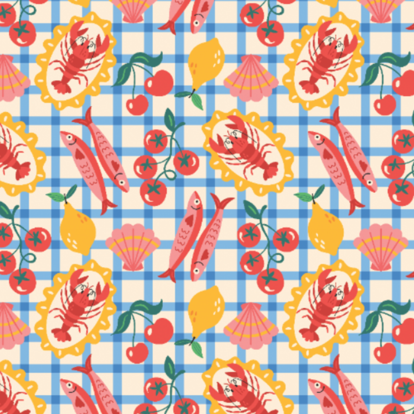 Little Johnny Cotton Seafood Picnic Fabric - per metre
