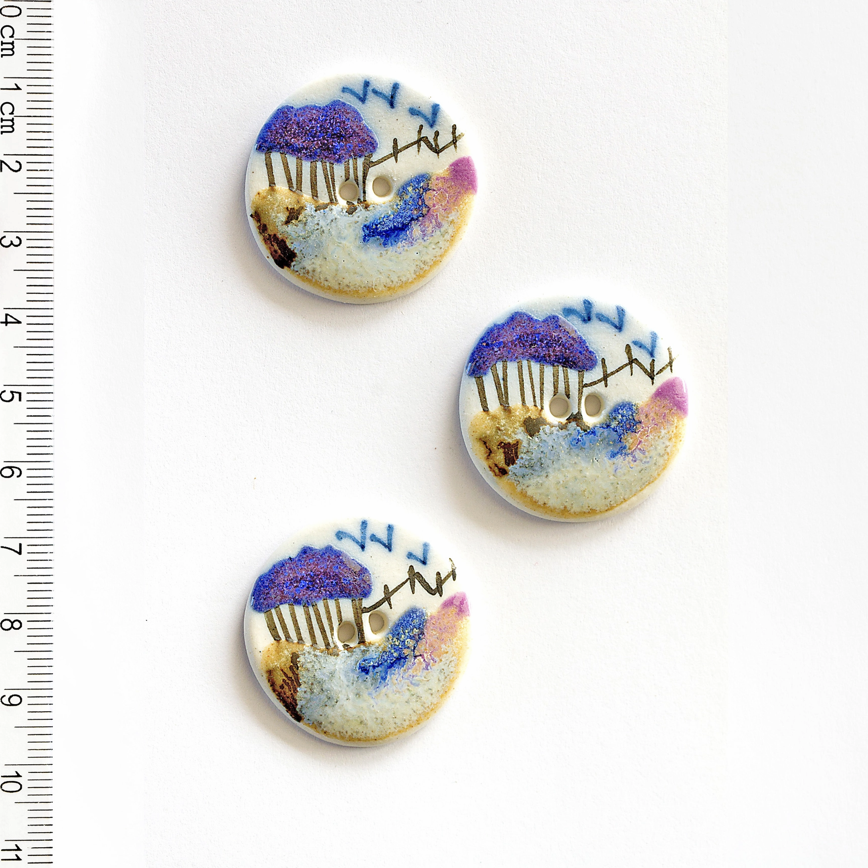 Handmade Ceramic Button Set : 3 x Country Scene Sewing Buttons