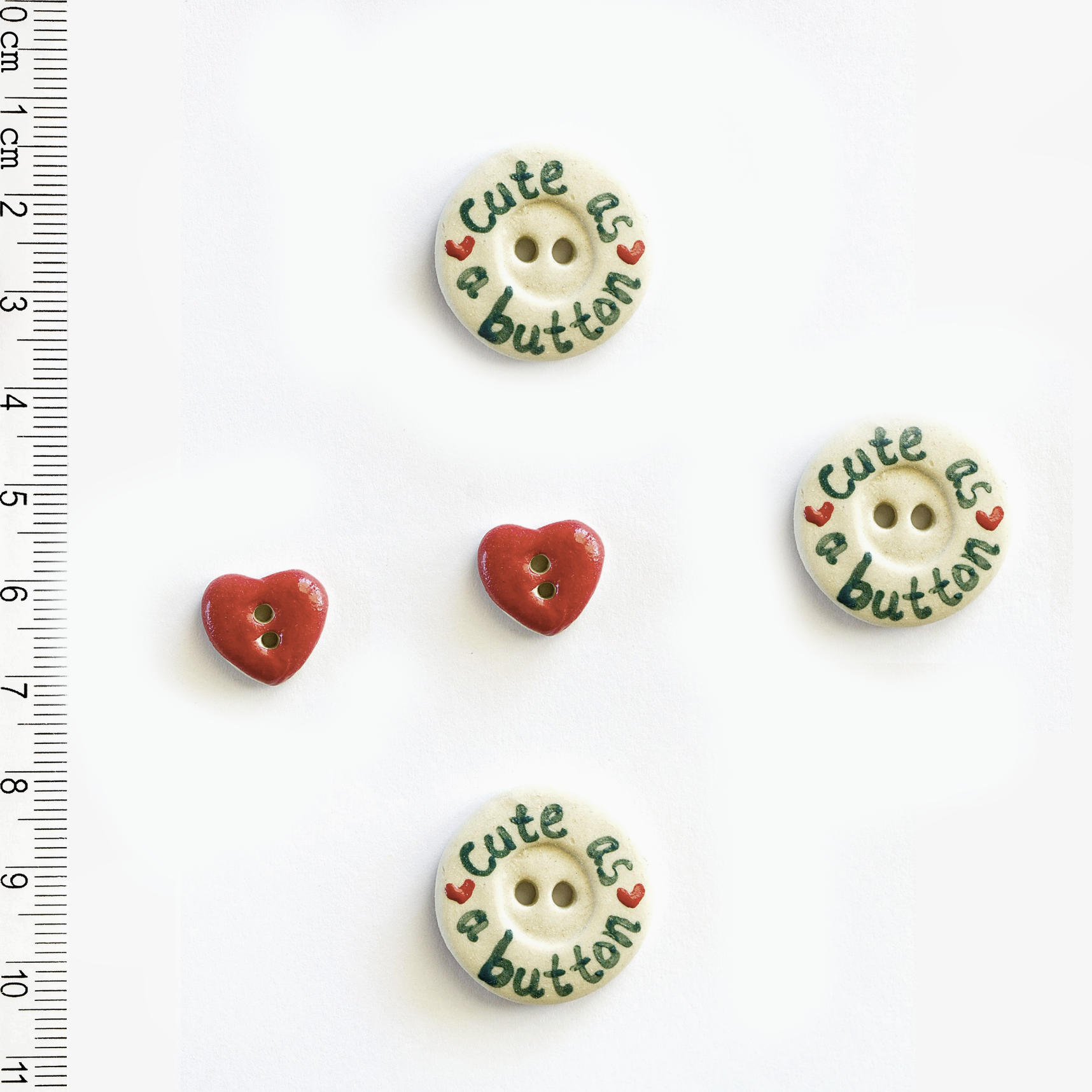 Handmade Ceramic Button Set : 3 x Cute as a Button + 2 x Hearts Sewing Buttons
