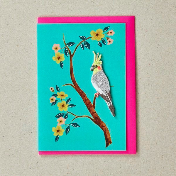 Embroidered Bird Patch (Iron On) On Turquoise Greetings Card