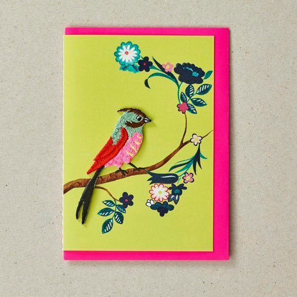 Embroidered Bird Patch (Iron On) On Green Greetings Card