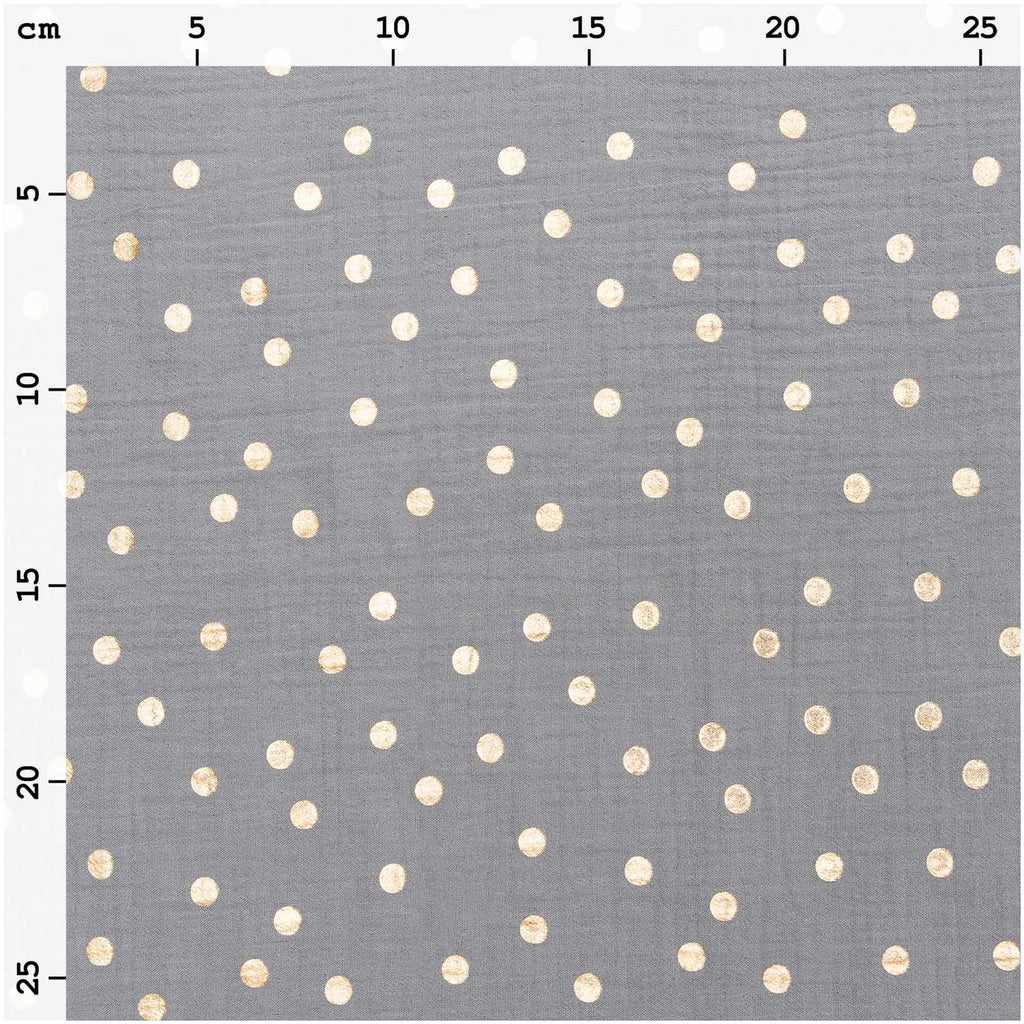 Grey Hot Foil Gold Polka Dot 100% Cotton Crinkle Muslin 50cm x 130cm