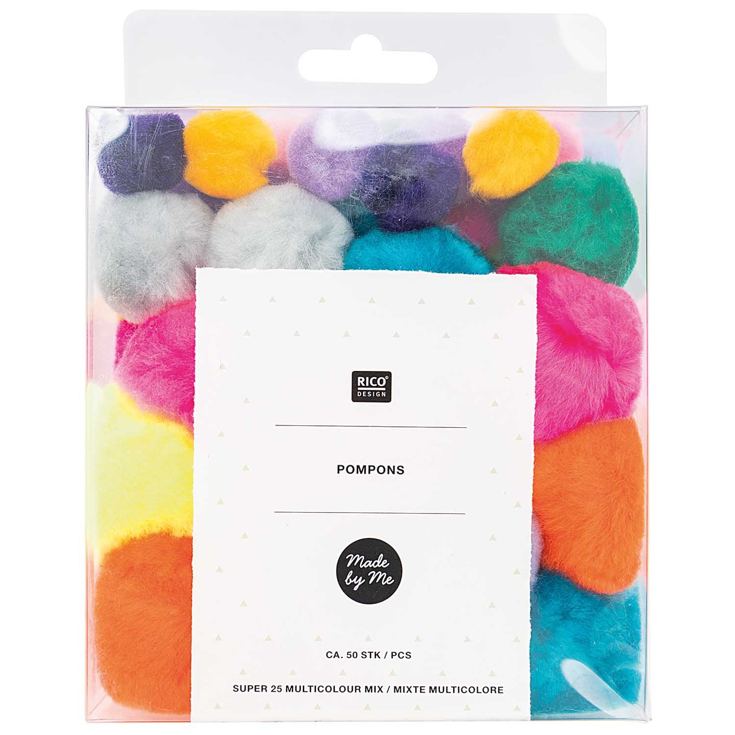 50 Mixed Mini Fluffy Pompoms in 4 sizes - Multicolour