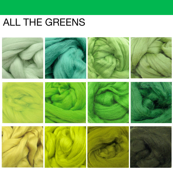 Wool tops Roving Bundle :  1200g GREENS - save over 10%