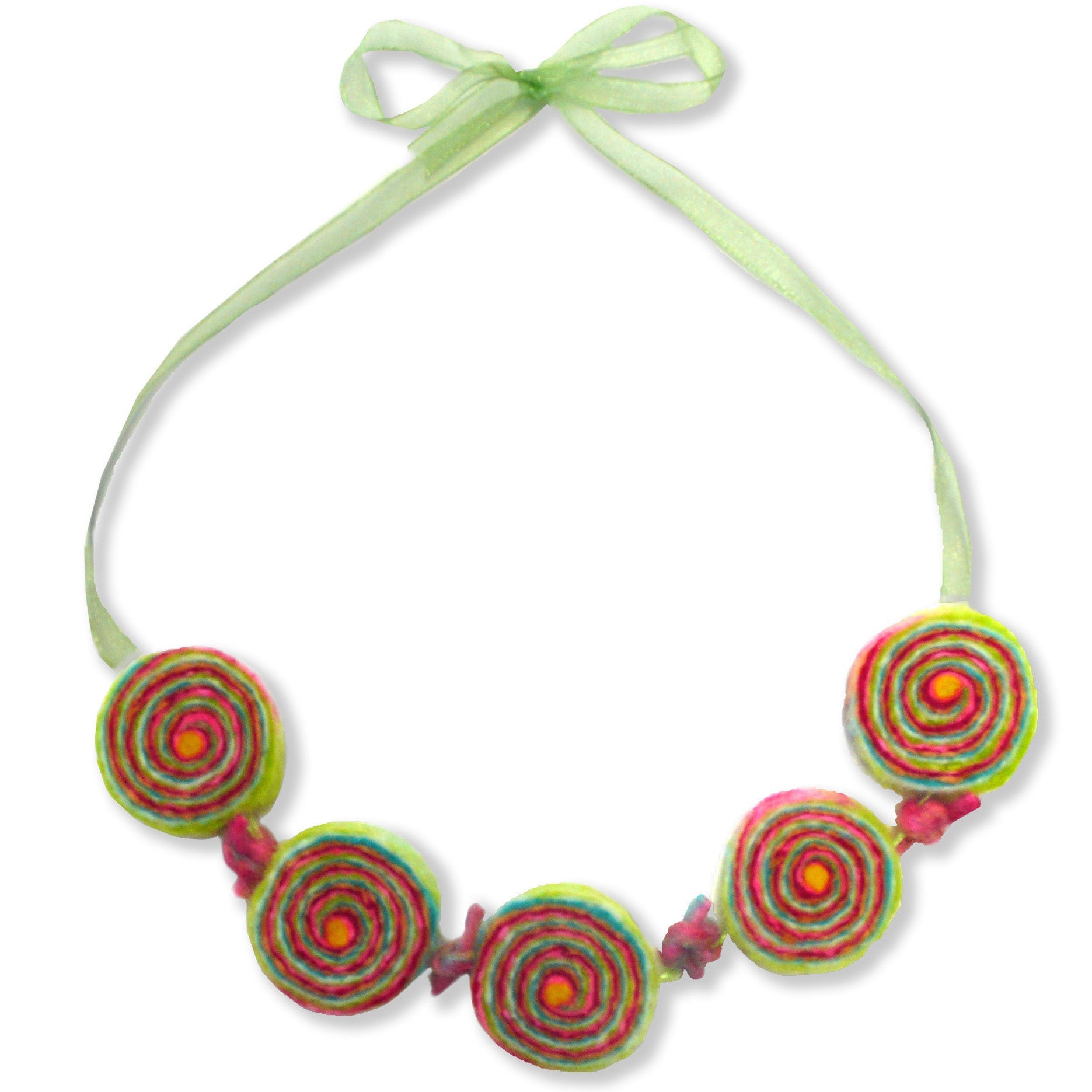A colorful felt necklace with spiral shapes, presumably made with the help of a felting kit.