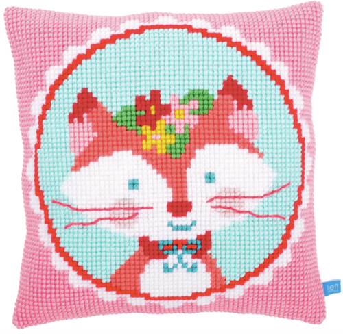 Cross Stitch Cushion: Laughing Fox Pink