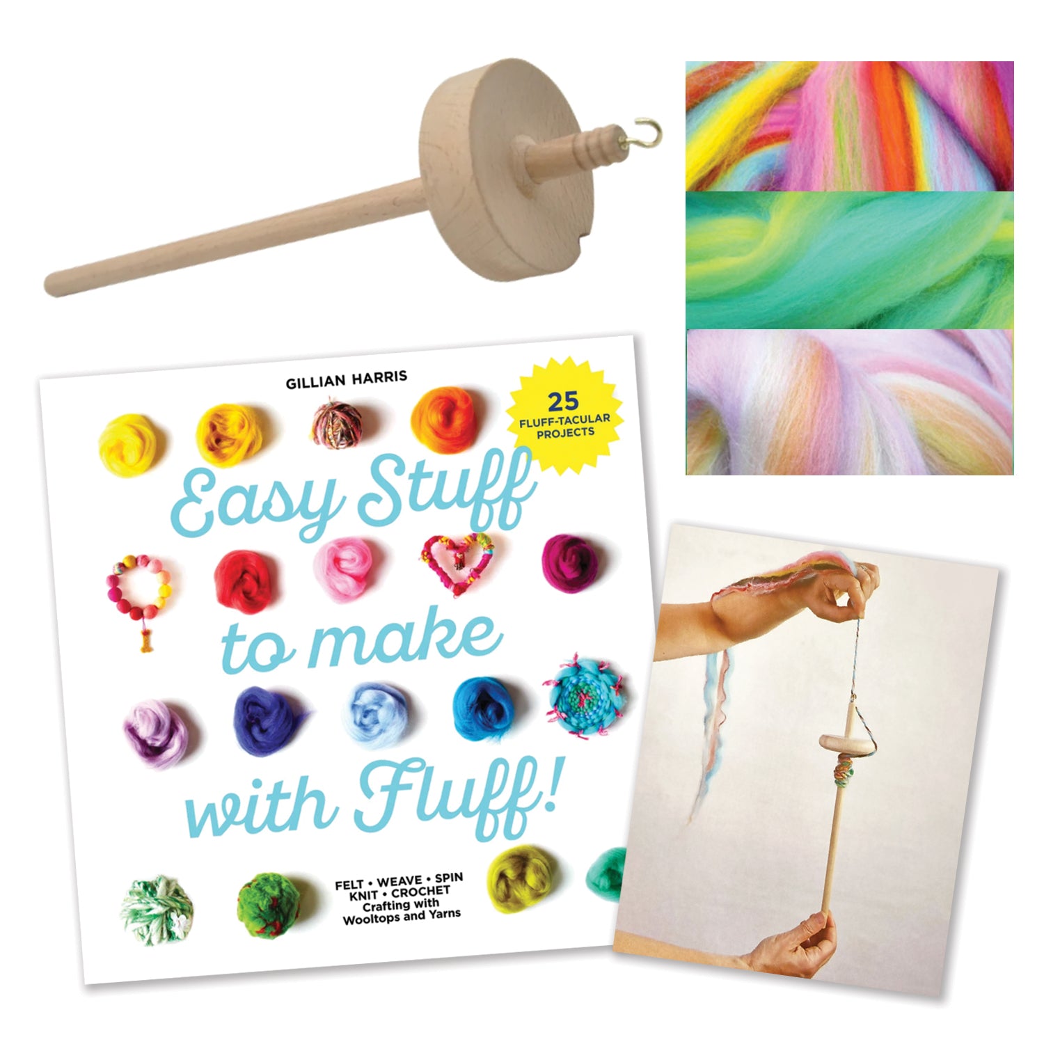 Drop Spindle + 'Easy Stuff to Make with Fluff' + House Blend Wooltops BUNDLE : save 15%!