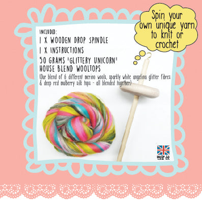 Drop Spindle Spinning Kit Give Us a Twirl Kit One PLUS extra 100g Glittery Unicorn Wooltops