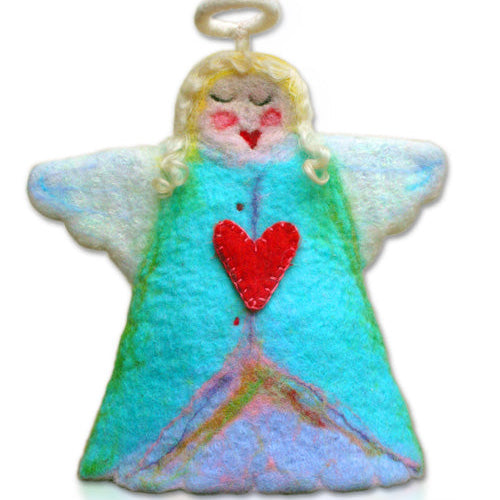 A felt angel tree topper with blue and multicolored wool, angelina wings, and a red heart detail at the base.