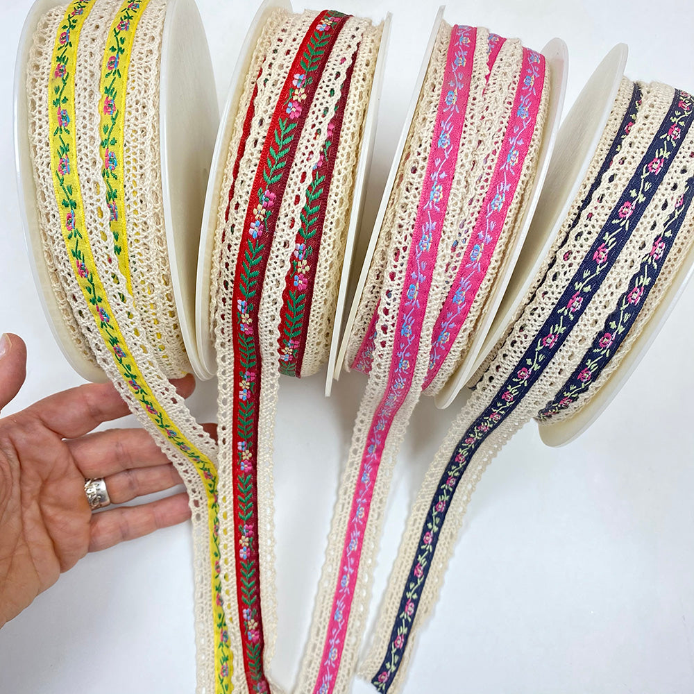 Lace Edged Jacquard Flower Ribbon : Pink