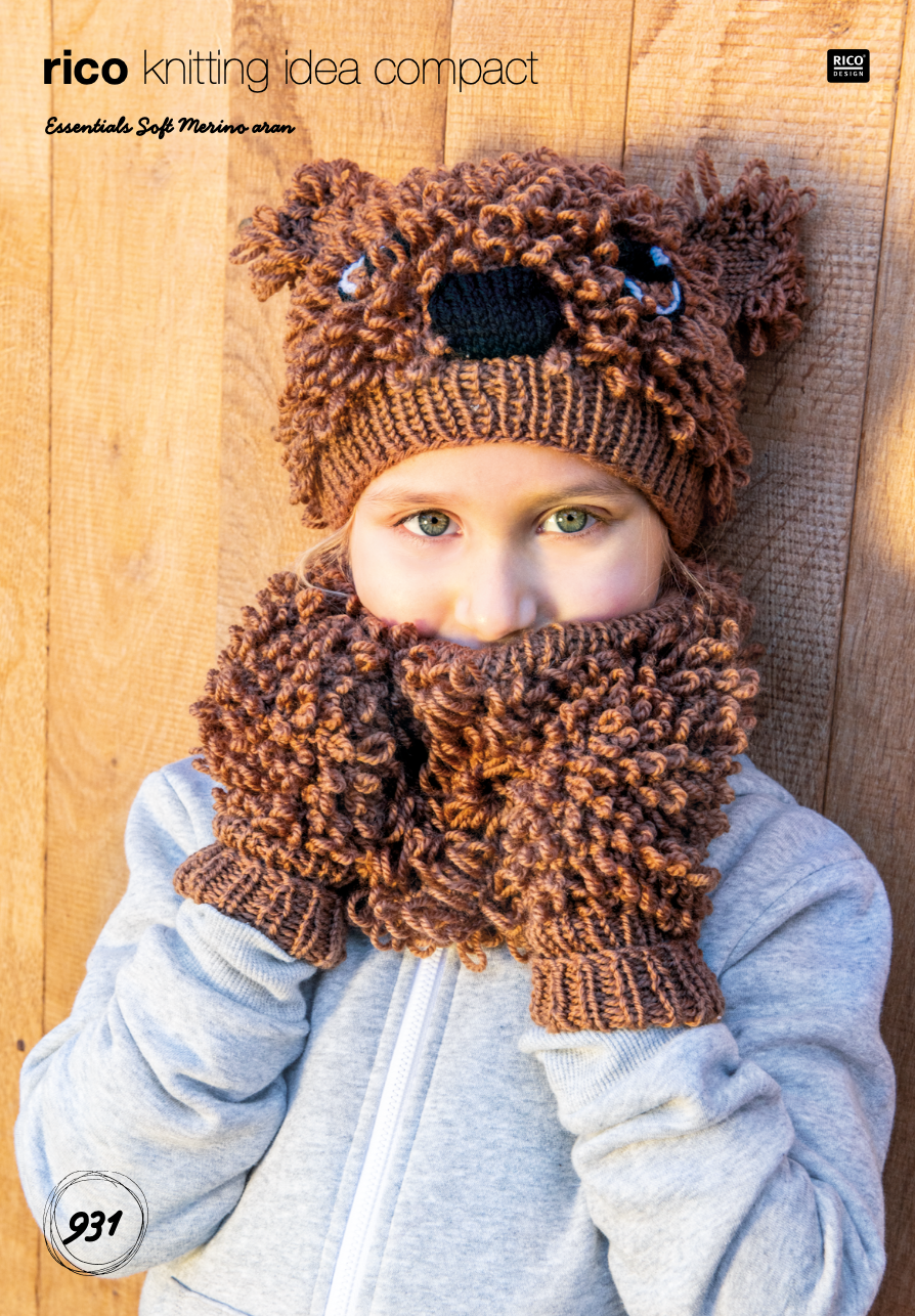 Kid's Aran Animal Head Hat and Gloves Knitting Pattern 931