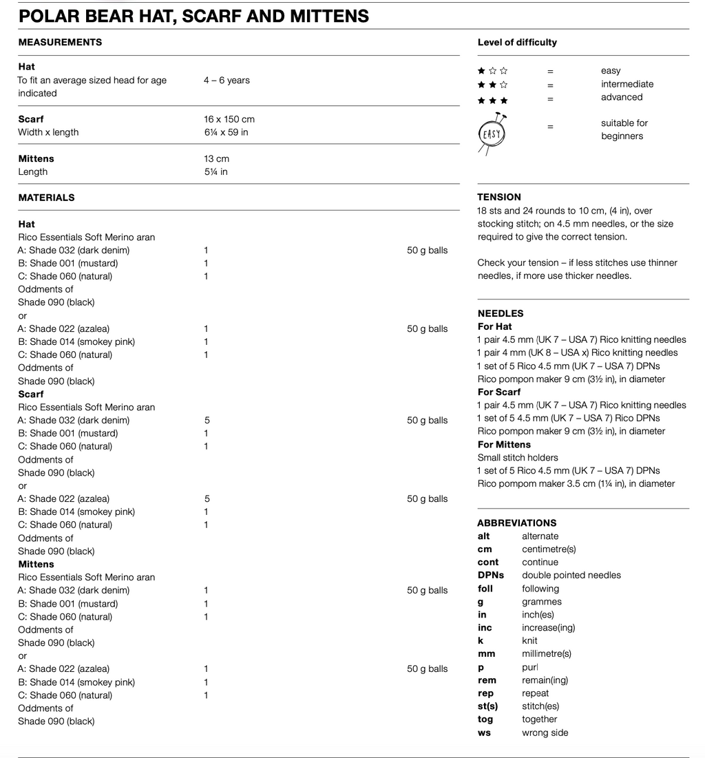 Kid's Aran Polar Bear Hat Scarf & Mittens Knitting Pattern 936