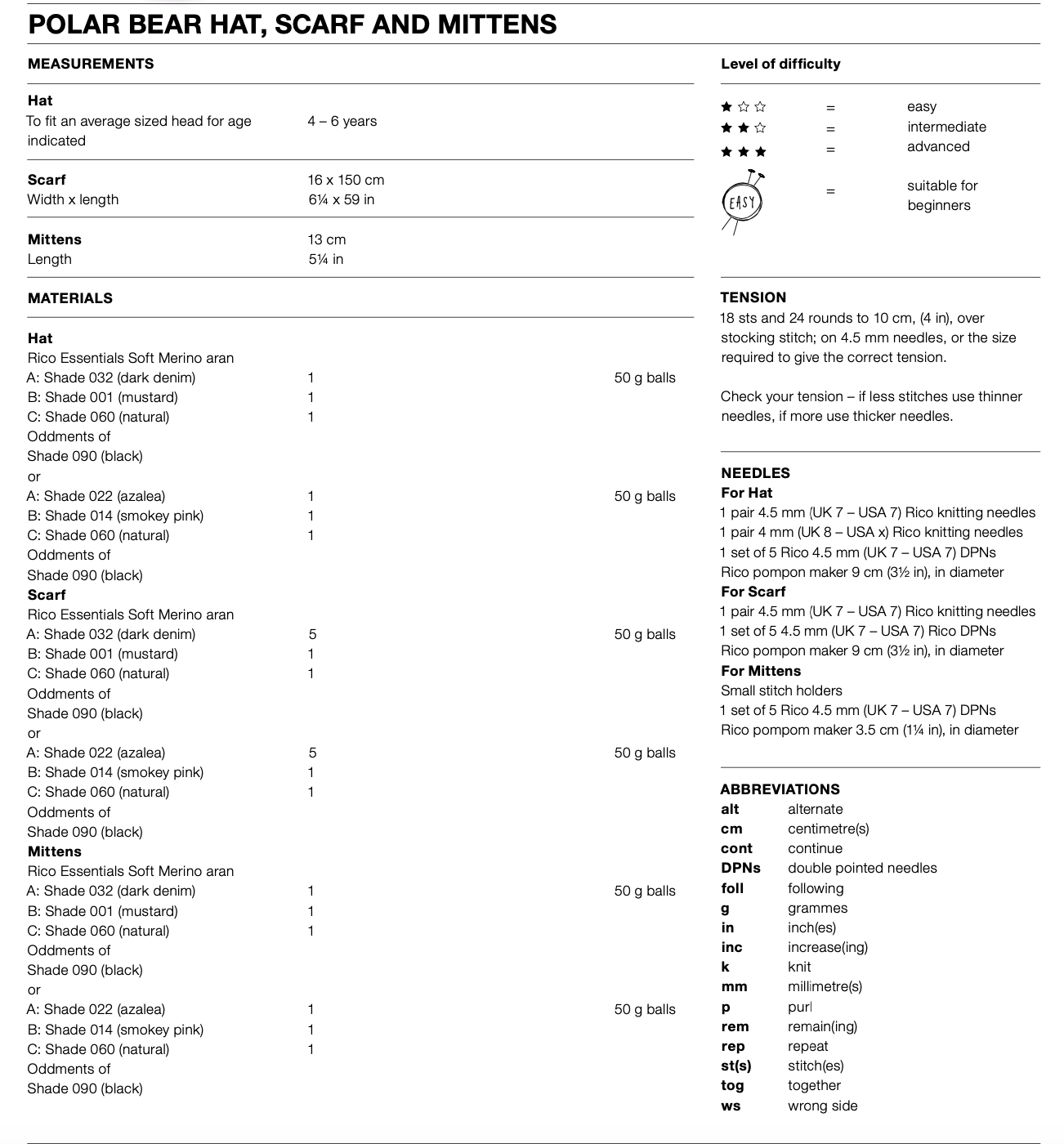 Kid's Aran Polar Bear Hat Scarf & Mittens Knitting Pattern 936