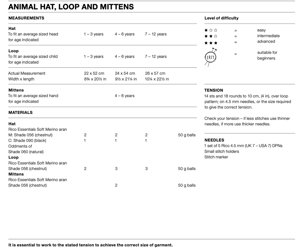 Kid's Aran Animal Head Hat and Gloves Knitting Pattern 931