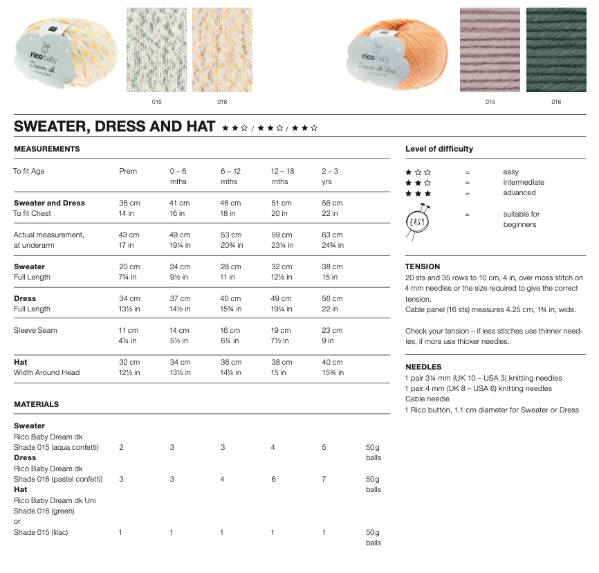 Baby Dream Uni Pattern 1040 Sweater, dress & hat