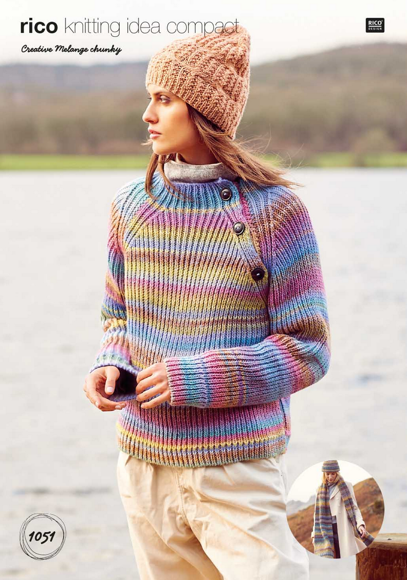 Creative Melange Chunky Knitting Pattern 1051 : Sweater Hat and Scarf