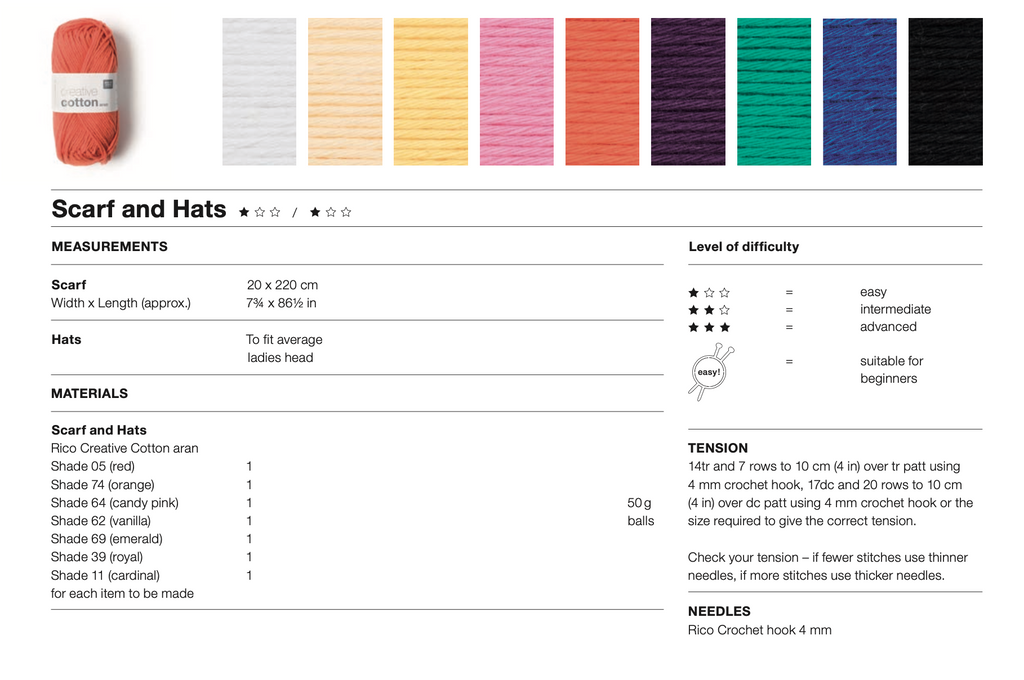 Rico Creative Cotton Aran Crochet Pattern Hat & Scarf 535