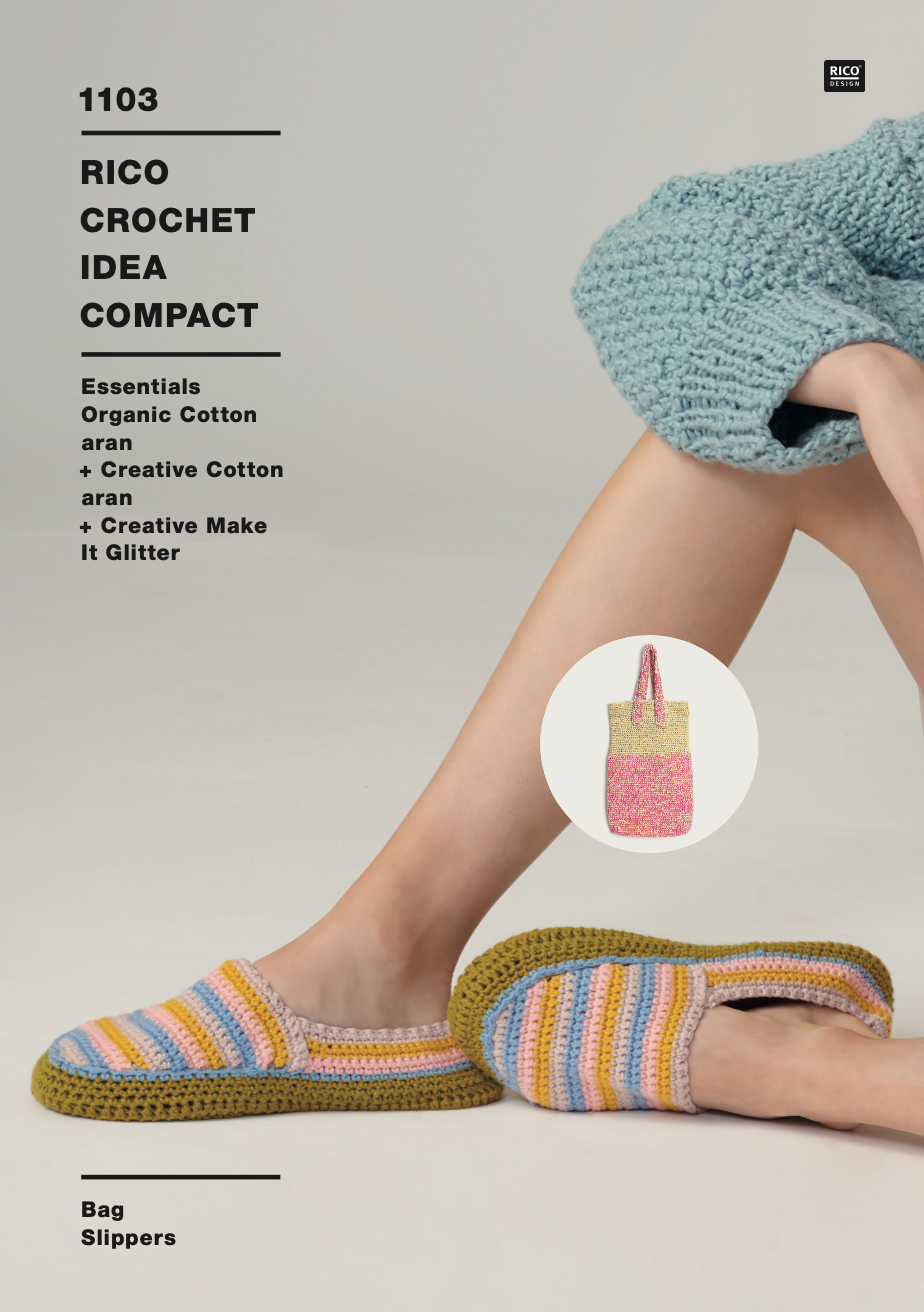 Rico Creative Cotton Aran Crochet Pattern Slippers & Bag 1103