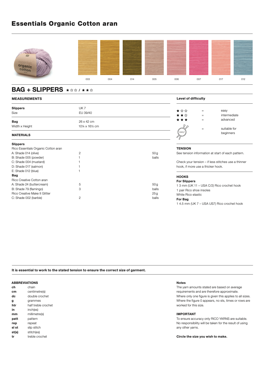 Rico Creative Cotton Aran Crochet Pattern Slippers & Bag 1103