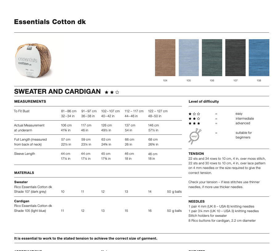 Rico Essentials Cotton DK Cardigan and Sweater Knitting Pattern 1076